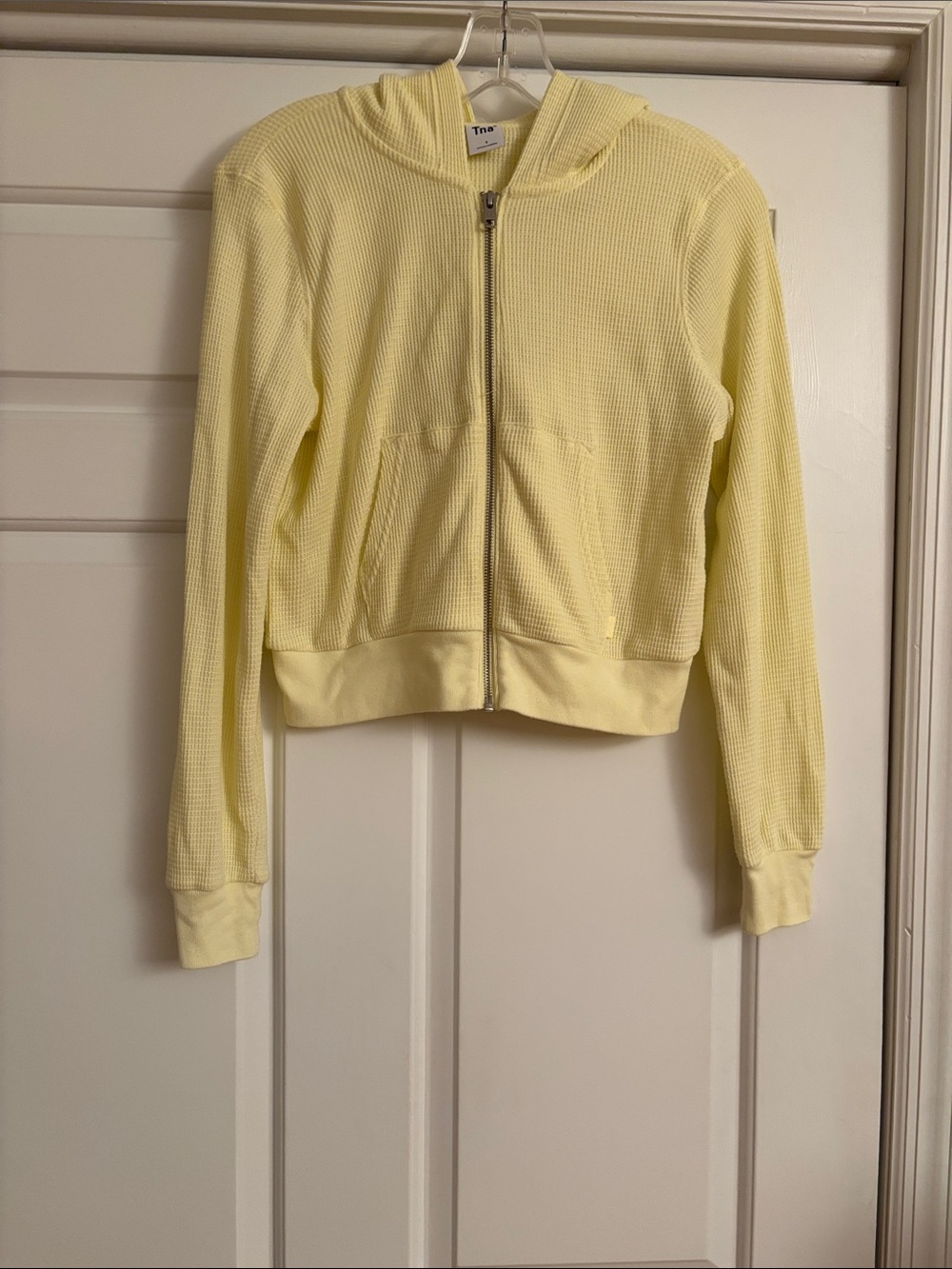 TNA Pale Yellow Cropped Waffle-Knit Zip Hoodie